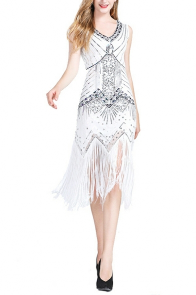 Modern Dress Sequined Print V Neck Sleeveless Skinny Tassel Detail Midi Dress for Girls