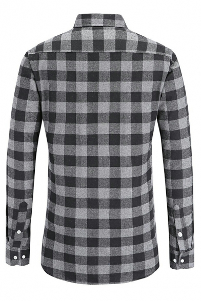 Retro Shirt Plaid Print Point Collar Long-Sleeved Skinny Button Fly Pocket Shirt for Guys