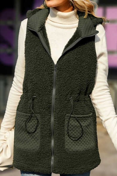 Street Style Women Vest Hooded Solid Drawstring Regular Pocket Detail Brushed Zipper Vest