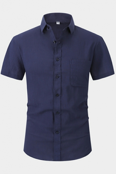 Stylish Mens Shirt Solid Color Turn-down Collar Short Sleeve Skinny Button Closure Shirt