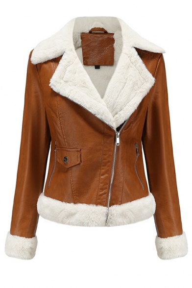 Women's Winter Leather Jacket Fleece Long Sleeve Lapel Zipper Jacket