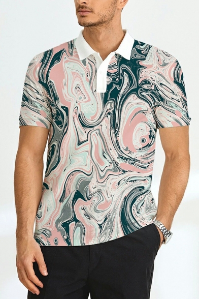 Basic Men Polo Shirt 3D Printed Button Spread Collar Short-sleeved Slim Fit Polo Shirt