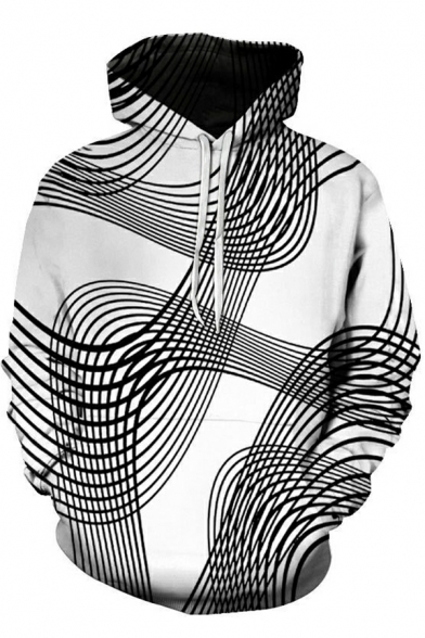 Casual Men's Hoodie 3D Checked Pattern Long Sleeves Loose Fit Drawcord Pocket Hoodie
