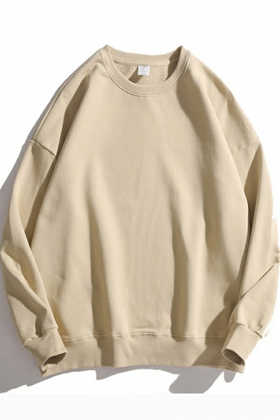 Classic Men's Sweatshirt Pure Color Round Neck Long Sleeve Relaxed Pullover Sweatshirt