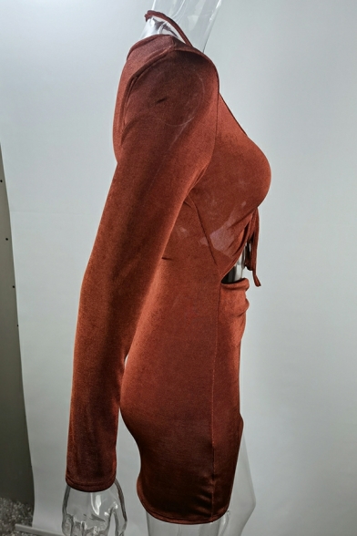 Fancy Dress Plain V-neck Drawstring Long Sleeve Hollow Mini Sheath Dress for Ladies