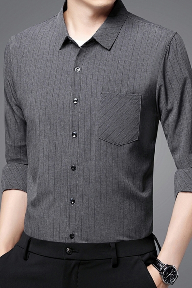 Fashionable Guy's Shirt Stripe Print Chest Pocket Turn-down Neck Long-Sleeved Button Shirt