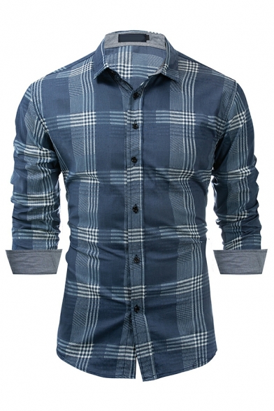 Freestyle Guy's Shirt Checked Printed Turn-down Collar Slimlong Sleeves Button Down Shirt