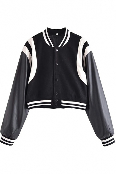 Ladies Popular Jacket Striped Pattern Pocket Button Closure Stand Collar Cropped Jacket
