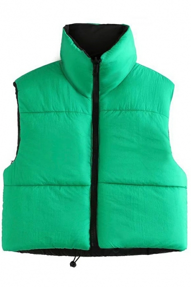 Ladies Simple Vest Solid Color Sleeveless Stand Collar Regular Fit Cropped Vest