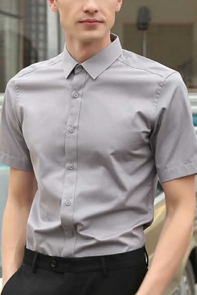 Mens Unique Shirt Whole Colored Turn-down Collar Skinny Short Sleeves Button Placket Shirt