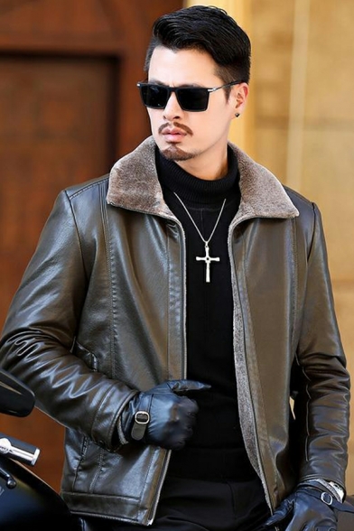 Trendy Jacket Solid Color Spread Collar Long Sleeve Zip down Leather Fur Jacket for Guys