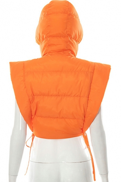 Vintage Ladies Vest Solid Color Hooded Zip Placket Ribbons Detail Cropped Vest