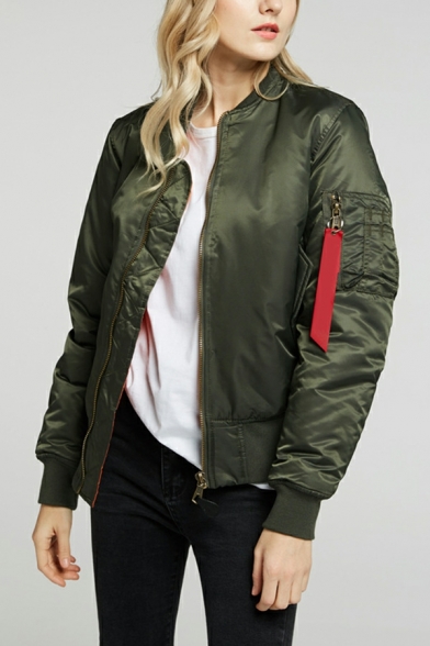 Women Casual Jacket Pure Color Stand Collar Long Sleeves Regular Pocket Zipper Jacket