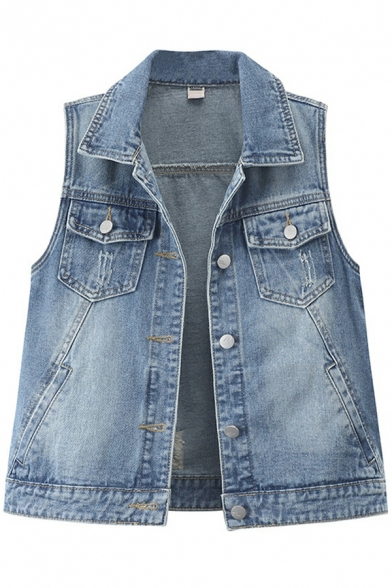 Ladies Retro Vest Pure Color Chest Pocket Spread Collar Regular Fit Denim Vest
