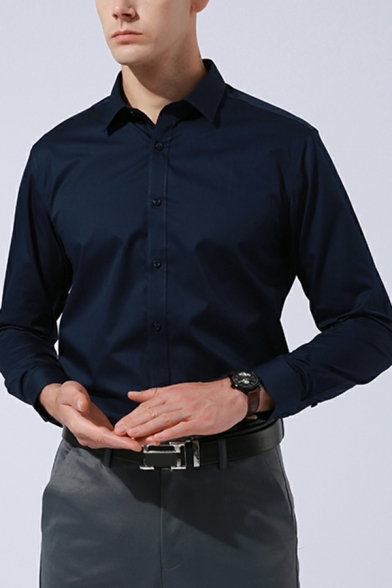 Trendy Men Shirt Whole Colored Point Collar Skinny Long Sleeve Button Closure Shirt