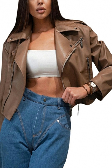 Basic Jacket Pure Color Long Sleeve Lapel Collar Regular Zip Closure Crop Jacket for Girls