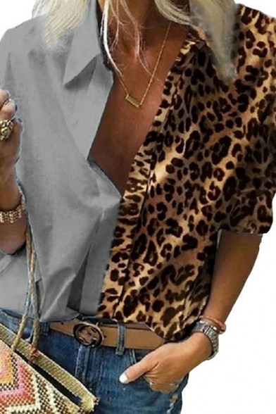 Edgy Shirt Splicing Leopard Print Turn-down Collar Long Sleeves Button up Shirt for Women