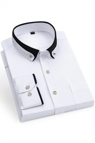 Fancy Guy's Shirt Pure Color Turn-down Collar Long Sleeves Fitted Button Fly Shirt