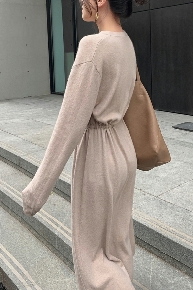 Ladies Popular Dress V Neck Split Front Plain Long-sleeved Belt Fitted Midi Sweater Dress