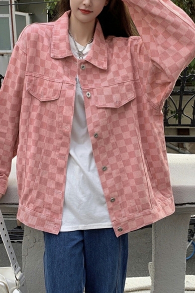 Ladies Popular Jacket Plaid Print Pocket Long Sleeve Spread Neck Oversize Button up Jacket