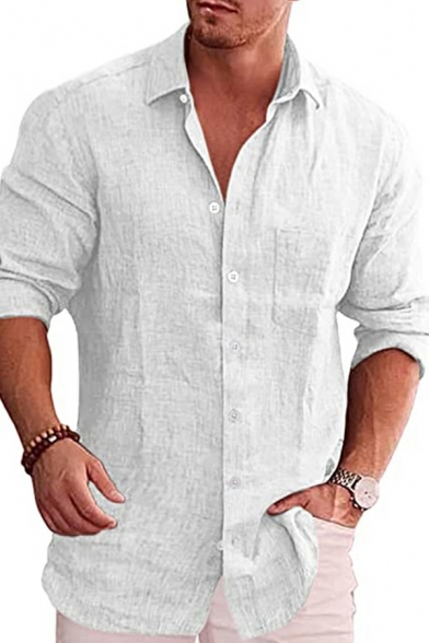 Retro Mens Shirt Pure Color Chest Pocket Turn-down Collar Long Sleeve Button Closure Shirt