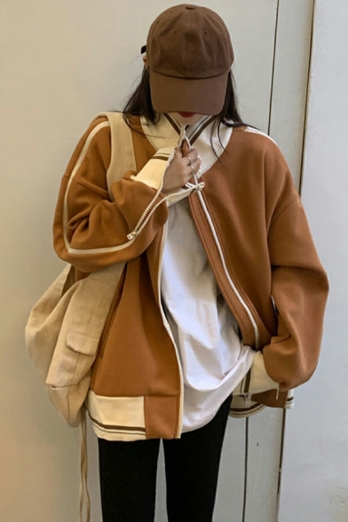 Vintage Girl's Jacket Contrast Line Pocket Long Sleeve Stand Collar Relaxed Zip Fly Jacket