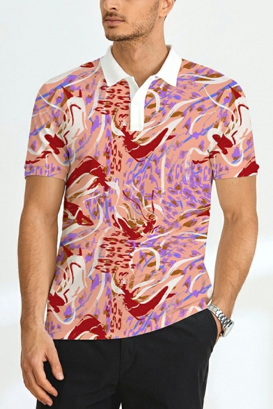 Basic Men Polo Shirt 3D Printed Button Spread Collar Short-sleeved Slim Fit Polo Shirt