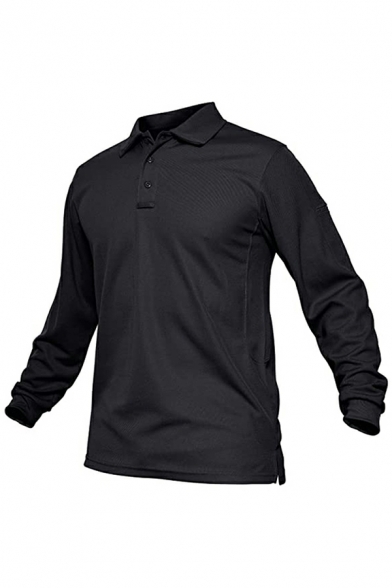Boy's Stylish Polo Shirt Plain Button Design Turn-down Collar Long Sleeves Slim Polo Shirt