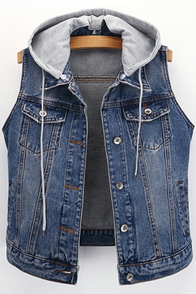 Chic Vest Solid Color Hooded Chest Pocket Button down Denim Vest for Girls
