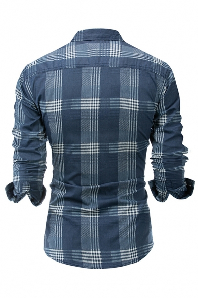 Freestyle Guy's Shirt Checked Printed Turn-down Collar Slimlong Sleeves Button Down Shirt