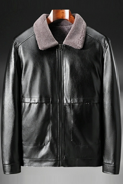Hot Jacket Pure Color Long Sleeve Spread Collar Regular Zipper Leather Fur Jacket for Guys