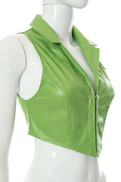 Leisure Girl Vest Plain Notched Collar Slimming Zip down Leather Cropped Vest