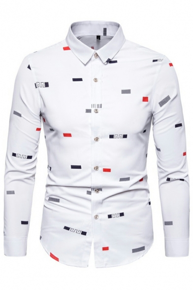 Leisure Men's Shirt Geometric Pattern Button up Turn-down Collar Long-sleeved Slim Shirt