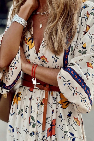 Elegant Womens Dress Bohemia Pattern Sashes Detail V-Neck Half Sleeve Maxi Beach Dress