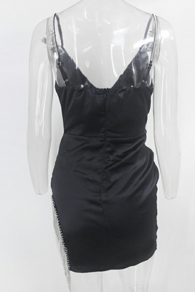 Ladies Cool Dress Solid Color Tassel Design Skinny Slit Spaghetti Straps Mini Slip Dress