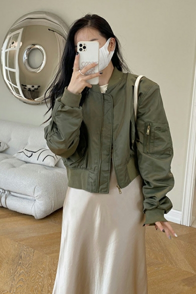 Ladies Retro Jacket Plain Pocket Long-Sleeved Stand Collar Regular Zip Placket Crop Jacket