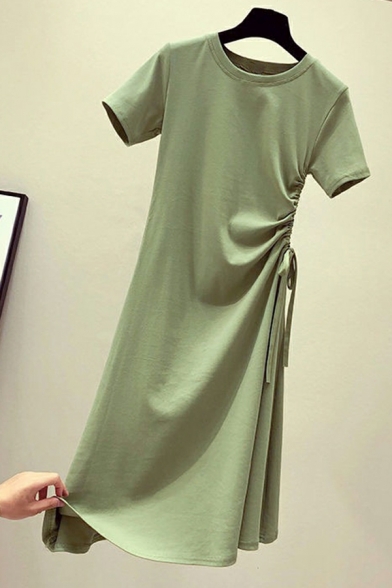 Retro Girls Dress Pure Color Ruched Design Short Sleeves Regular Midi T-shirt Dress