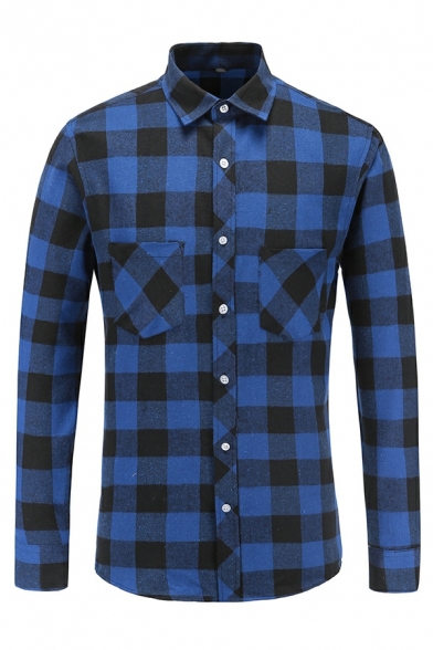 Retro Shirt Plaid Print Point Collar Long-Sleeved Skinny Button Fly Pocket Shirt for Guys