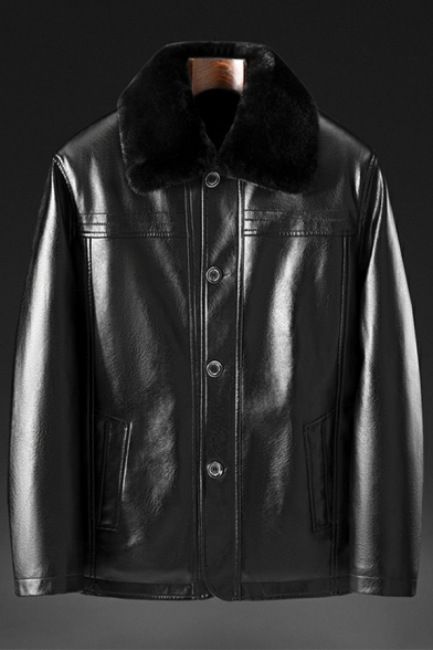 Street Look Men Jacket Solid Spread Fleece Collar Long Sleeve Button up Leather Fur Jacket