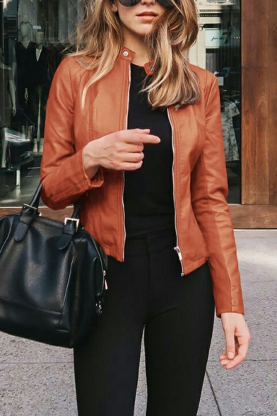 Street Look Women Jacket Stand Collar Pure Color Pocket Long Sleeve Zip-up Jacket