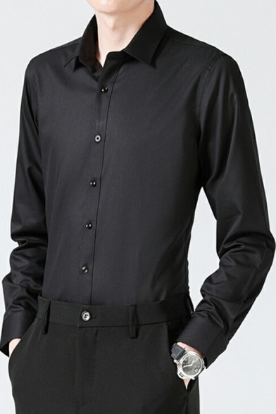 Boy's Urban Cotton Shirt Solid Turn-down Collar Long-Sleeved Regular Fit Button Fly Shirt