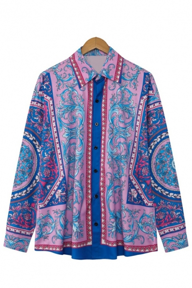 Cozy Mens Shirt Tribal Printed Point Collar Relaxed Long Sleeve Button Front Shirt