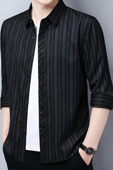 Elegant Shirt Stripe Print Turn-down Collar Regular Long-Sleeved Button Fly Shirt for Boys