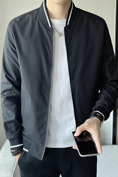 Fashion Guy's Jacket Contrast Line Pocket Stand Collar Fitted Zip Fly Baseball Jacket
