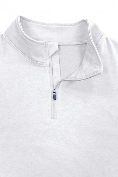 Fashionable Men Polo Shirt Pure Color Zip Down Stand Collar Long Sleeve Slim Polo Shirt
