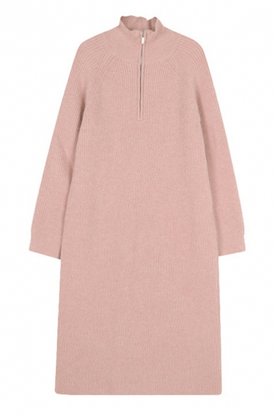 Ladies Cool Dress Solid Color Long Sleeve Zip Design Oversize Stand Collar Midi Knit Dress