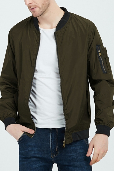 Stylish Jacket Solid Color Long Sleeve Slim Zipper Stand Collar Baseball Jacket for Guys