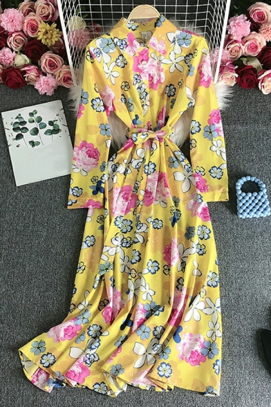 Urban Girls Dress Floral Printed Spread Collar Long Sleeve Belt Design Maxi A-Line Dress