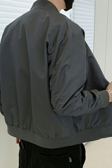 Cool Guy's Jacket Solid Color Long Sleeve Regular Zip Placket Stand Collar Baseball Jacket
