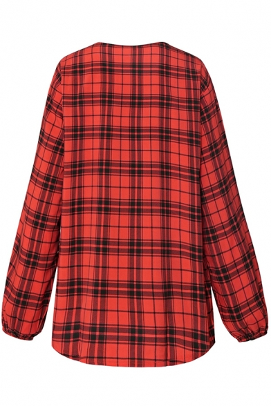 Cozy Women Shirt Plaid Printed Round Collar Chest Pocket Long-Sleeved Button Baggy Shirt